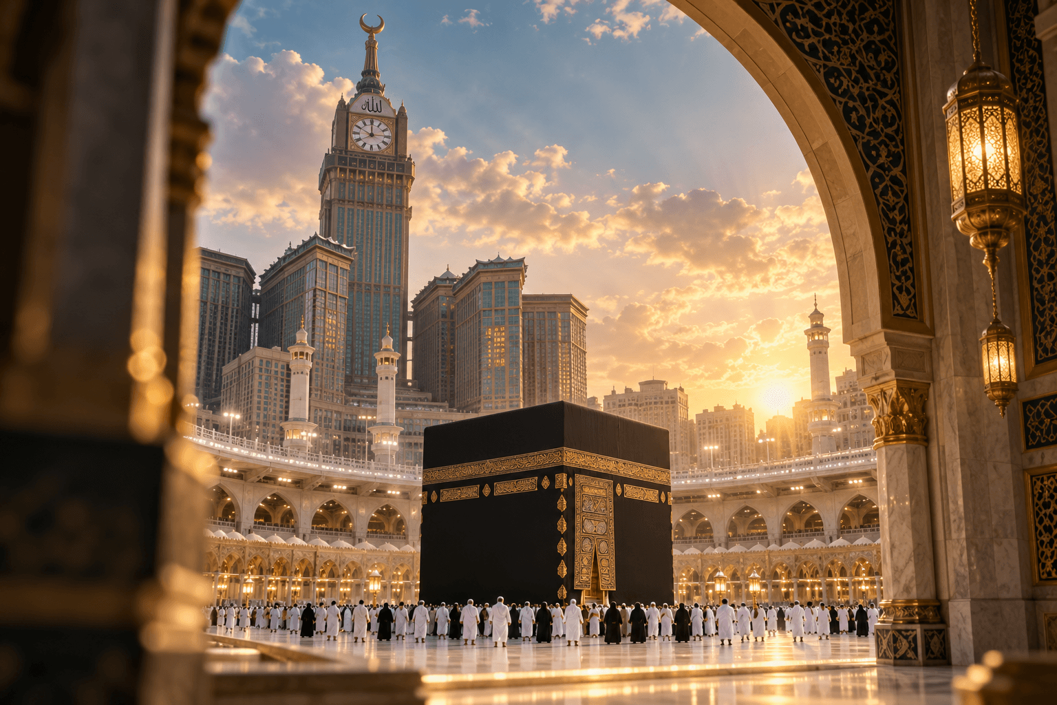 The Kaaba at sunset, framed by an ornate archway, with pilgrims in white gathered around it.